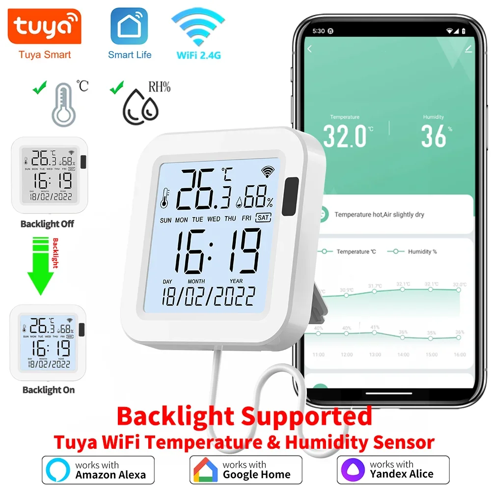 Tuya WiFi Temperature Humidity Smart Sensor With Backlight for Smart Home Var SmartLife Work with Alexa Google Assistant - Shoppiline