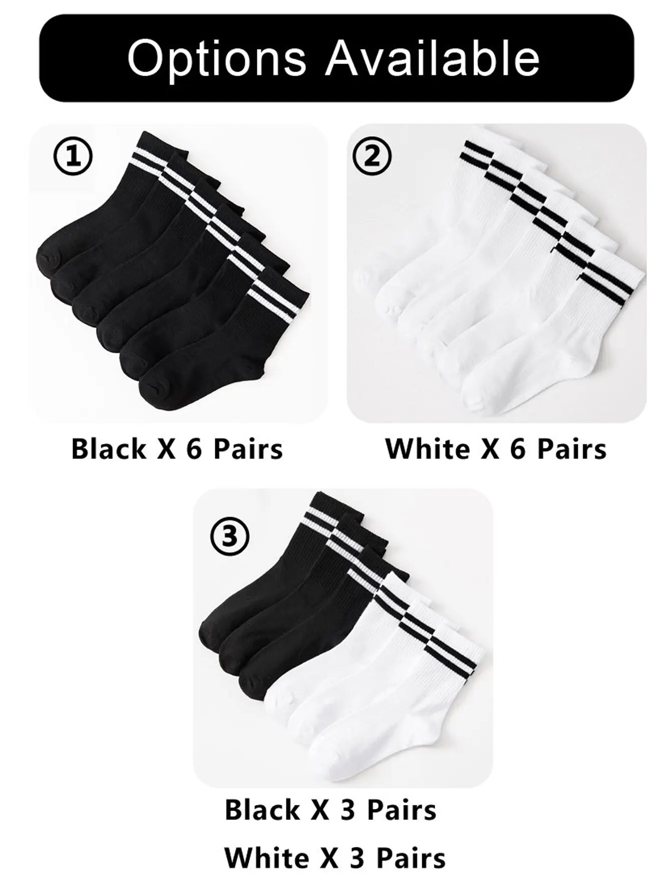 Lot de 6 paires de chaussettes hautes mi-mollet pour femme, noir et blanc pur, avec rayures parallèles, populaires et absorbantes.