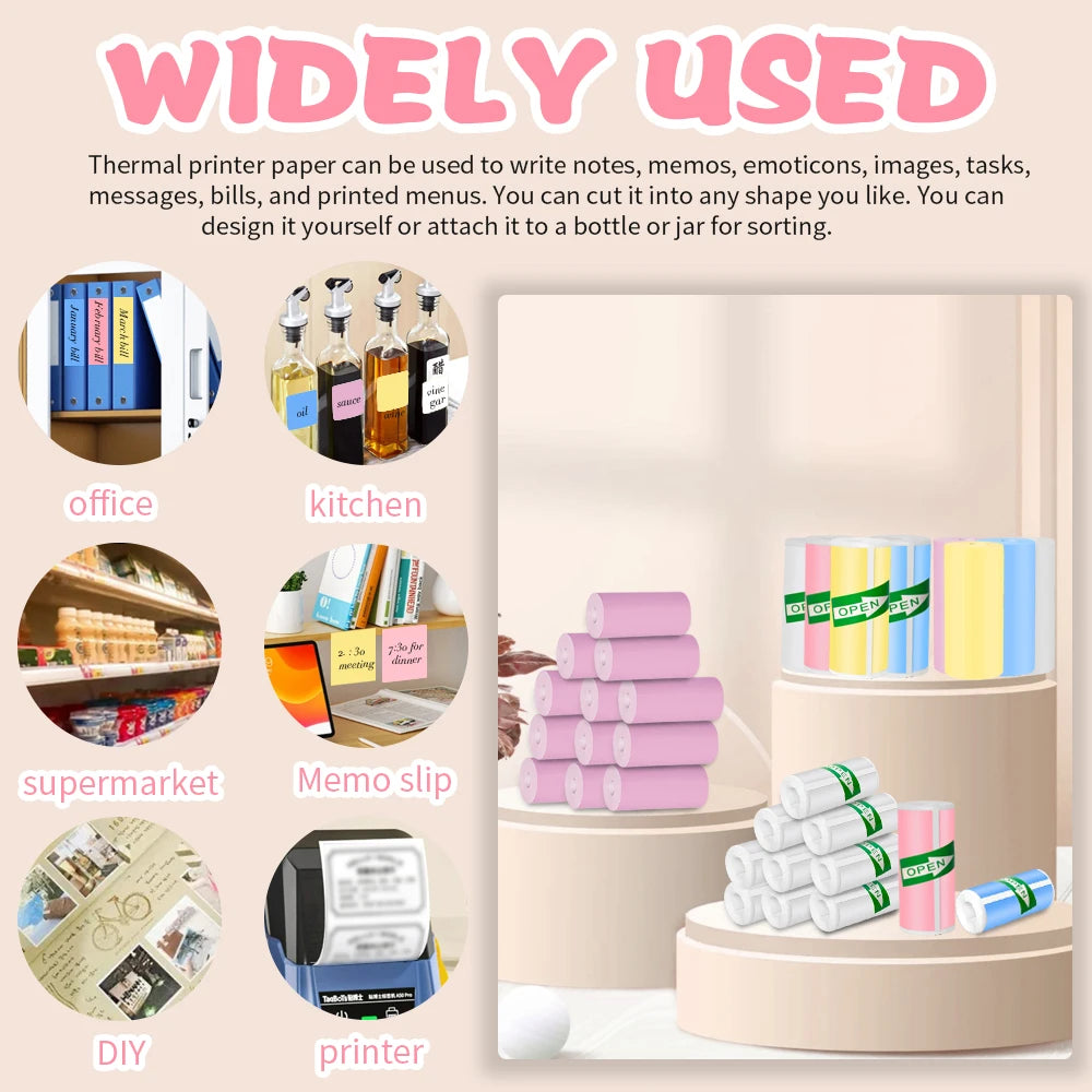 57*25MM Mini Printer Thermal Paper HD Self-adhesive Roll Paper Label Sticker Photo Inkless Printing Portable Printer Color Paper