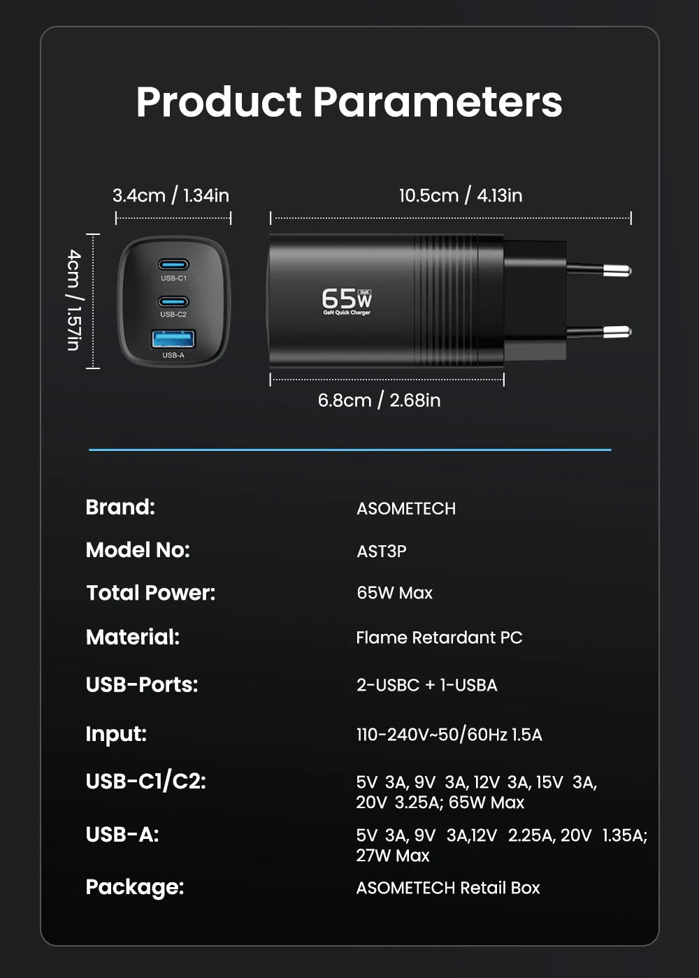 ASOMETECH GaN USB Type C Charger 65W 45W PPS PD QC4.0 Quick Charger For Macbook Laptop IPAD Tablet iPhone 14 Samsung S23 Ultra - Shoppiline