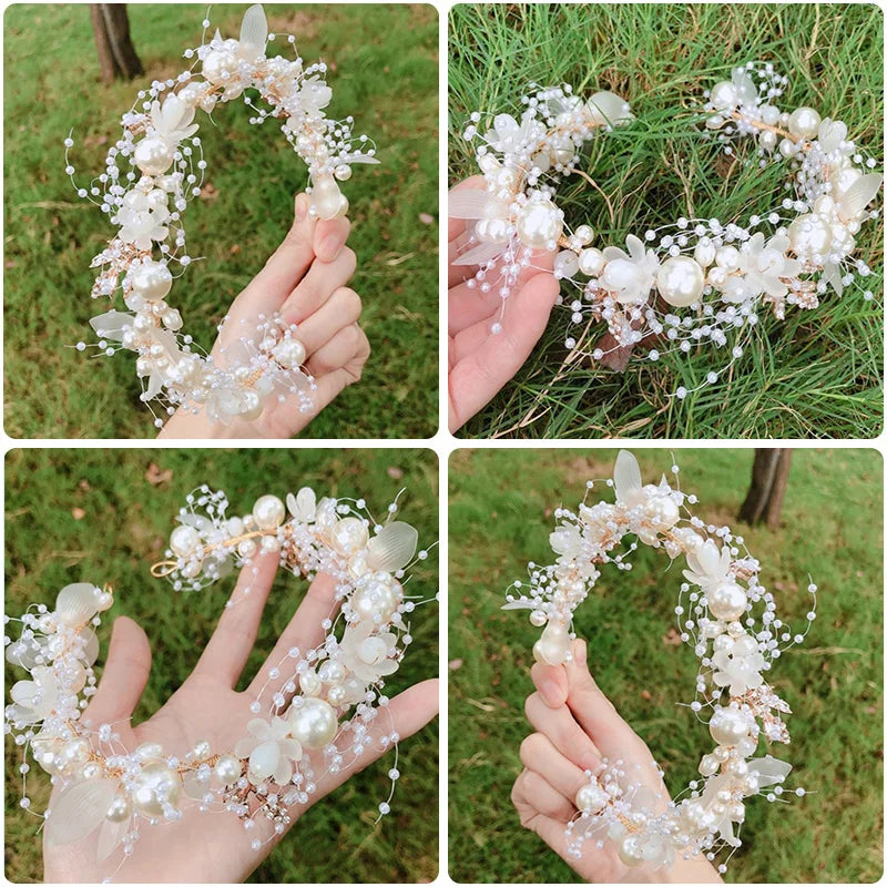 Wedding Accessory Bride Crown Hair Crystal Jewelry Tiara With Pearls Flowers Wedding Crown Floral Pearl Bridal Headband