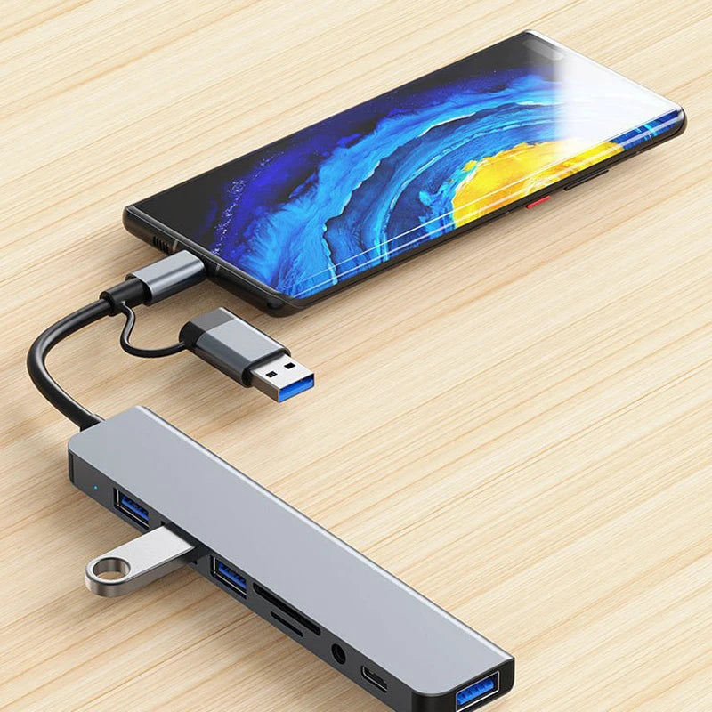 8-in-2 USB-C-Hub-Dockingstation mit 3,5-mm-Audiobuchse, Micro-SD-Kartenleser, Laptop-, Tablet-, Telefon- und Festplattenkonverter