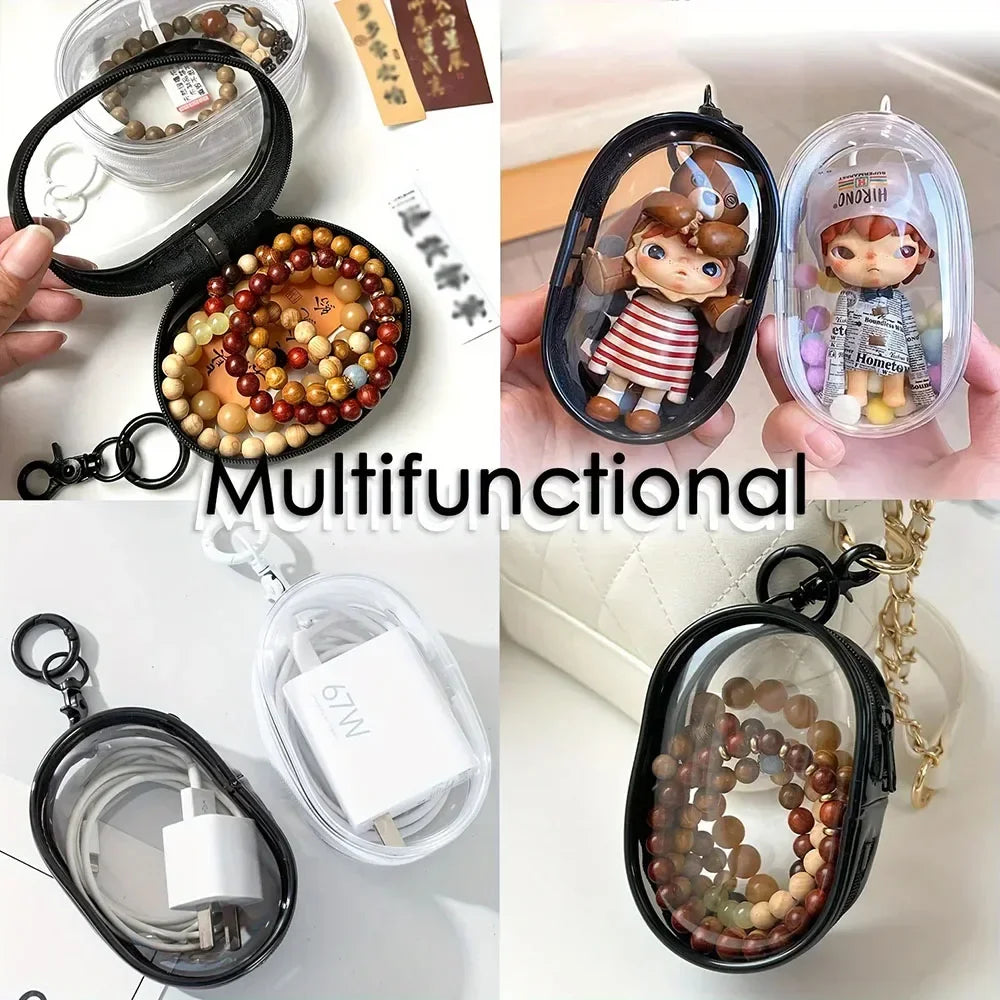 1/2Pcs Transparent Plush Doll Display Organizer Bag with Keychain Portable Protector Box for Dolls Earphone Case Outdoor Carry