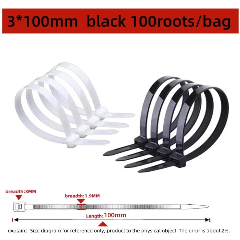 100PCS Plastic Nylon Cable Ties Self-locking Cord Ties Straps Adjustable Cables Fastening Loop Home Office Wire Zip Ties