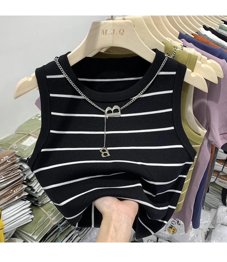 AOSSVIAO 2026 New Waistcoat Women Wear Striped Wide Edge Temperament Summer Top Short Knit Sleeveless Bottom Shirt