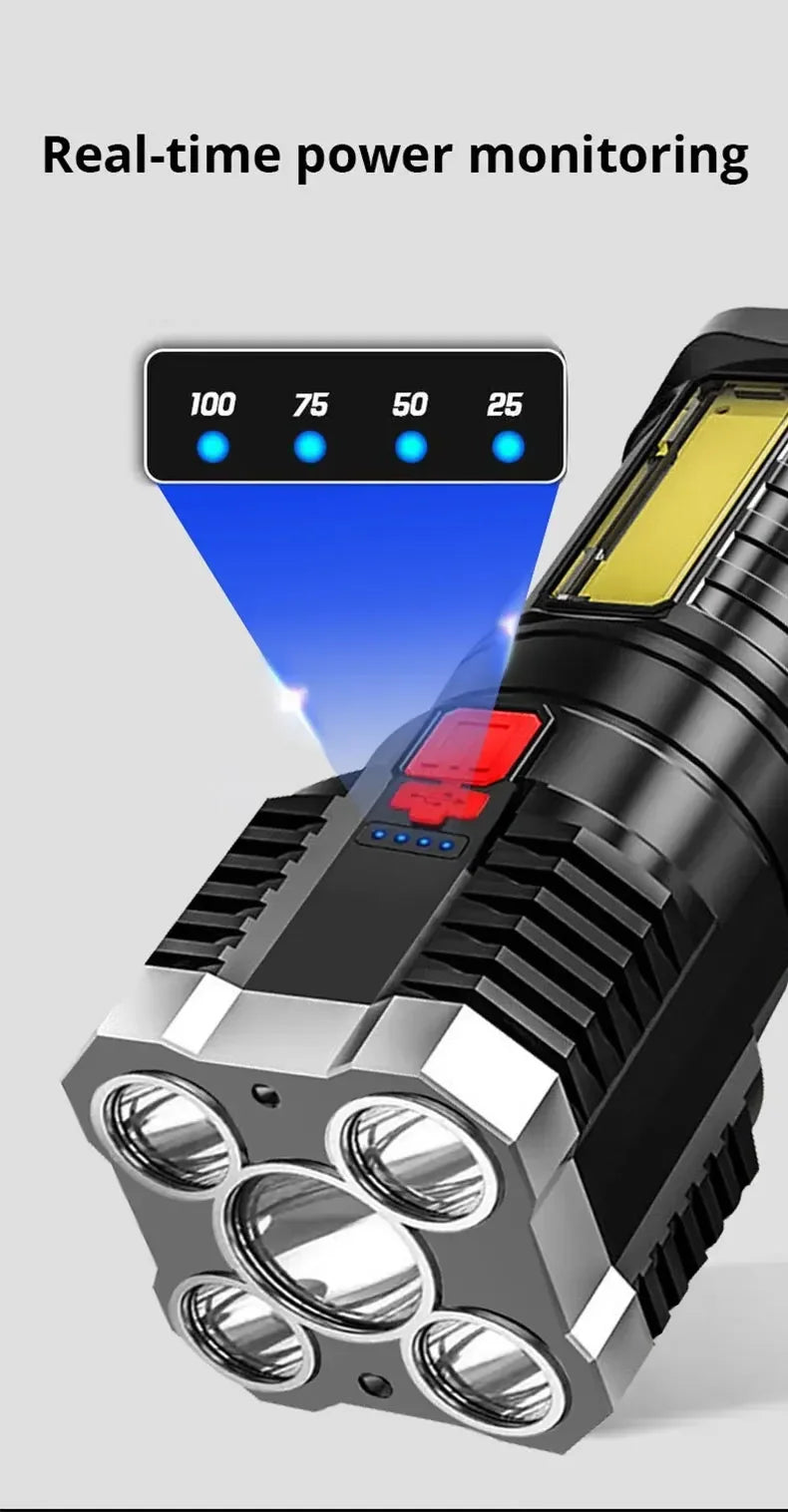 High Power Rechargeable Led Flashlights 7LED Camping Torch With Cob Side Light Lightweight Outdoor Lighting ABS Material