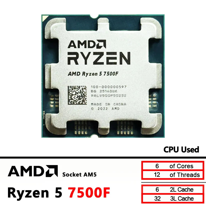 AMD Used Ryzen 5 7500F R5 7500F 3.7GHz CPU processor 6-Core 12-Thread 5NM L3=32M 100-000000597 Socket AM5