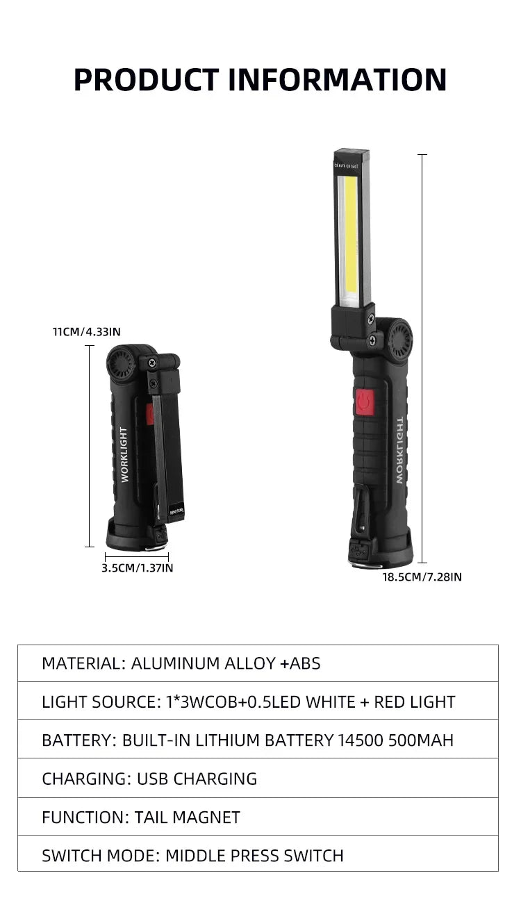 USB Rechargeable LED Camping Flashlight with Magnet And Hook Waterproof Work Light 3 Lighting Modes Suitable for Night Work