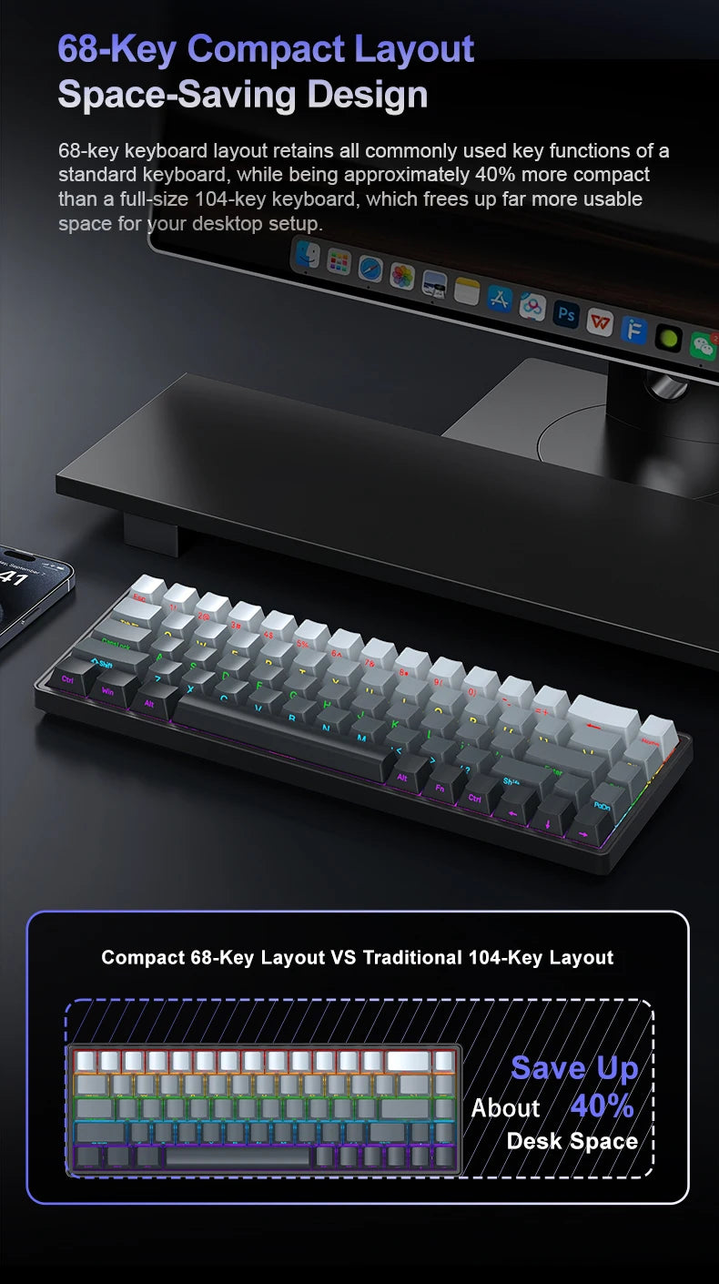APAYADO A68 Wired Mechanical Keyboard RGB Backlight,Fully Hot-Swappable Keys,ABS Keycaps,68-Key Keyboard for Gaming/Office Use
