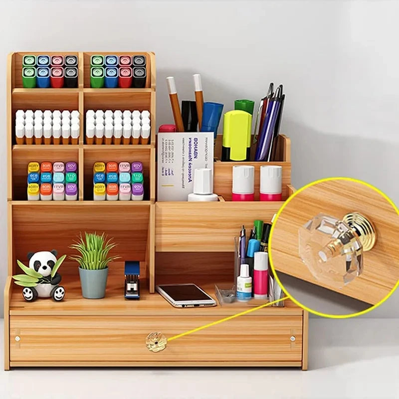 Wooden Desk Organiser DIY Desktop Tidy Pen Holder Large Capacity Stationery Storage Box with Drawer for Home Office and School - Shoppiline