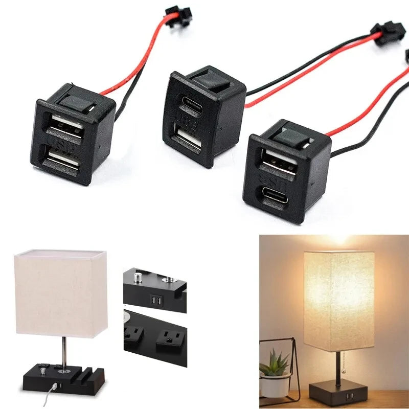 1 Pcs Noir Double Couche USB Femelle Type-C Douille et USB Femelle Lampe Prise de Charge Prise de Courant avec Connecteur de Câble