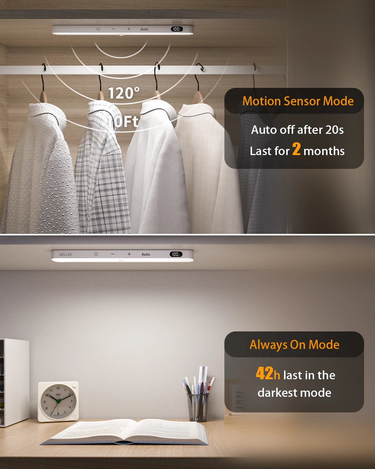 WILLED Under Cabinet Lights Rechargeable Battery Display 60 LED Touch Light Bar Motion Sensor Light Closet Light Night Lights - Shoppiline
