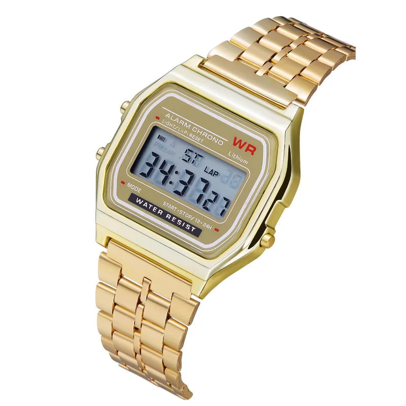F91W Nicht wasserdichte Stahlbanduhr für Damen, Herren, Business-Uhr, multifunktionale LED-Digital-Sportuhr, elektronische Uhr