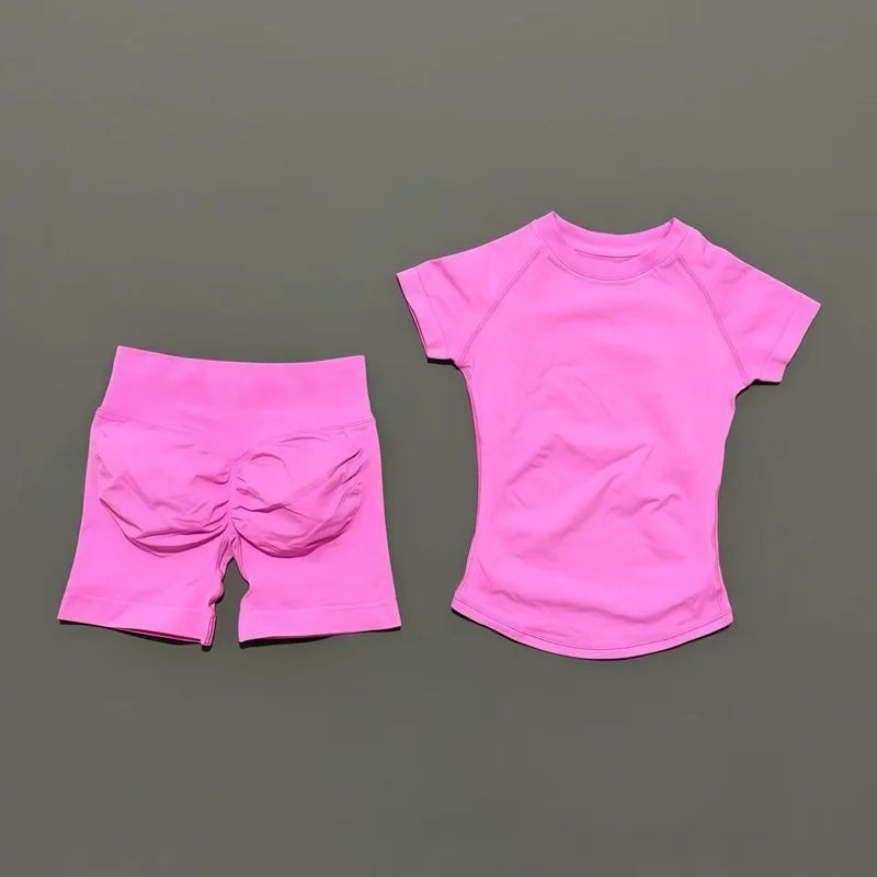 2 Pcs HISTELLO Sports Gym Sets Short Sleeve Seamless Yoga Clothing Fitness Set Women Workout Running Sports Short Leggings Suit
