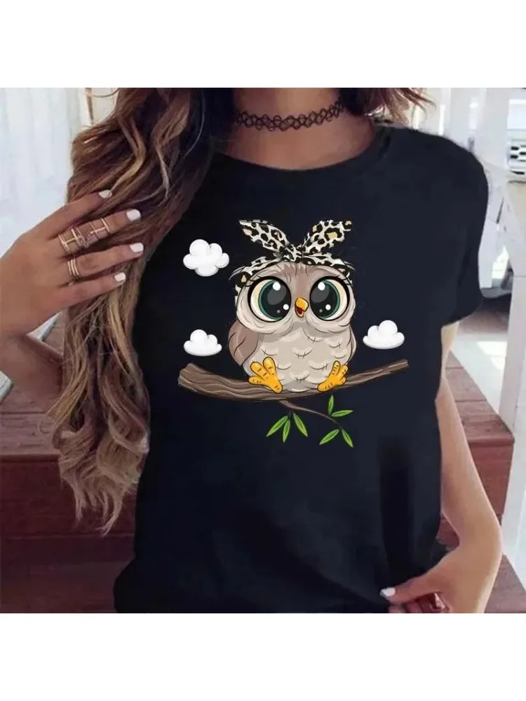 T-shirt imprimé hibou de dessin animé femmes Kawaii chemises graphiques décontractées à manches courtes t-shirt noir femme col rond Harajuku