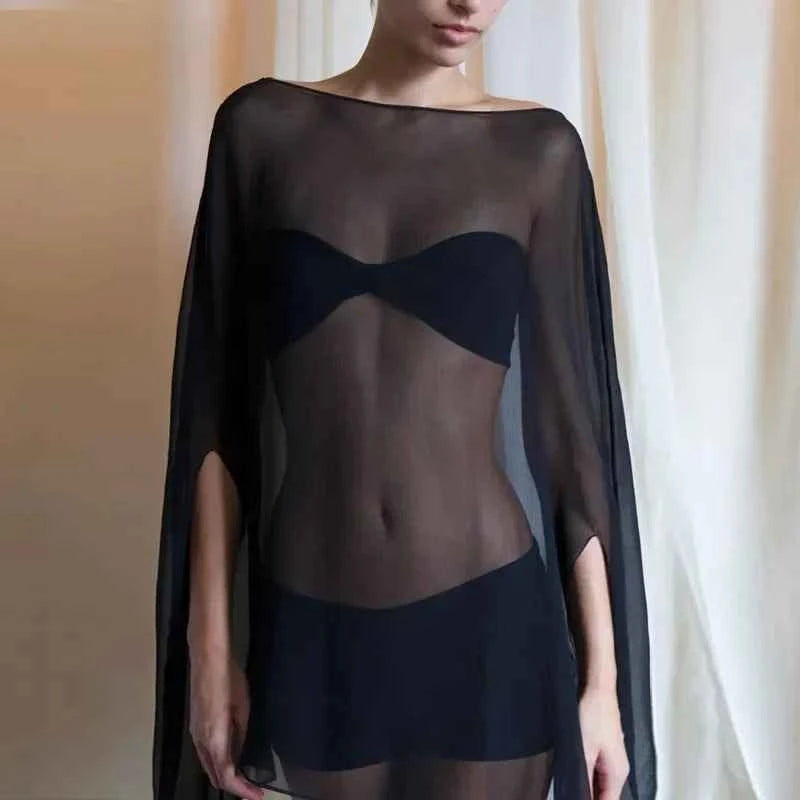Woman Clothes See-through Chiffon Blouses Sexy Fashion Solid Cover-ups Ladies Elegant Night Club Tops White Black Streetwear