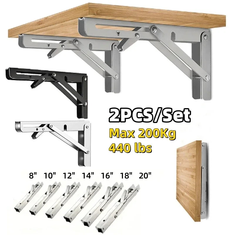 Heavy Duty 2PCS Stainless Steel Triangle Folding Shelf Brackets – Wall Mounted Collapsible Angle Bracket for Table, Workbench