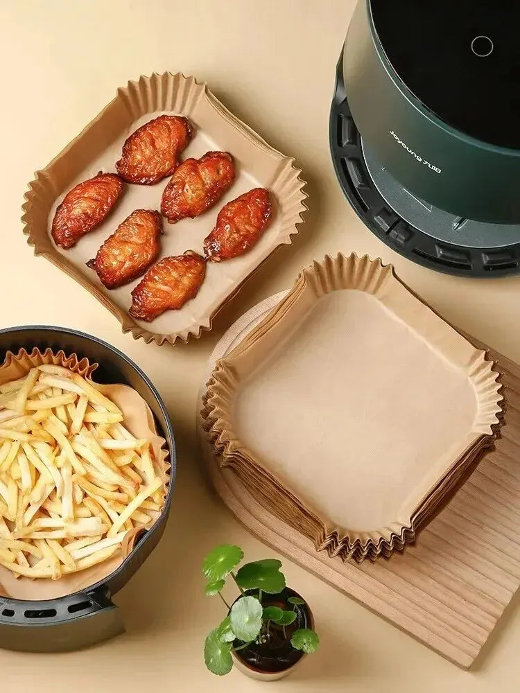 50 Stück Heißluftfritteusen-Einwegpapier Antihaft Heißluftfritteusen-Backpapier Rund Heißluftfritteusen-Papiereinlagen Küchenzubehör aus Papier