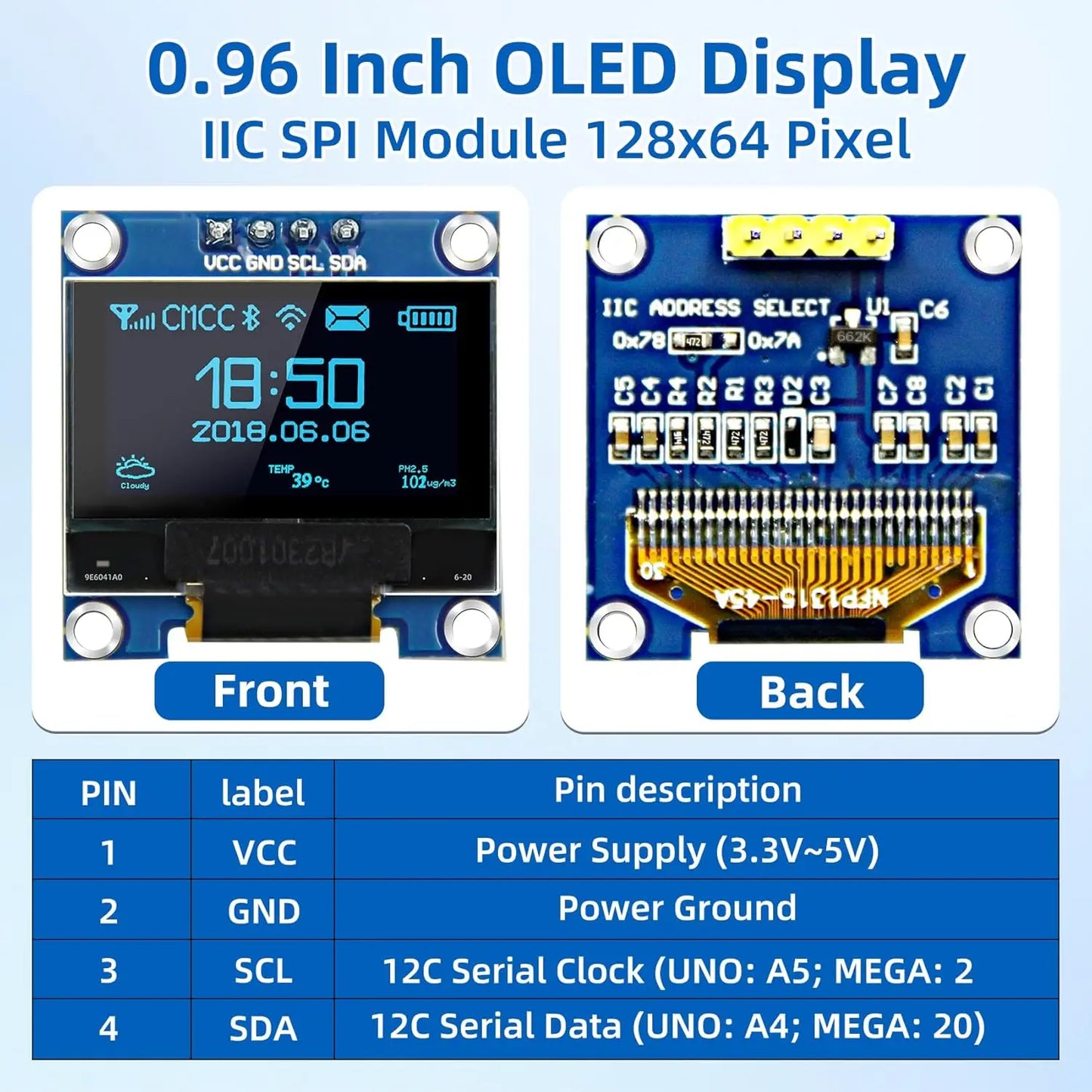 0.96 Inch OLED Display Module, 128x64 Pixel I2C SSD1306 Luminous OLED Screen Board Compatible with Arduino Raspberry Pi ESP32