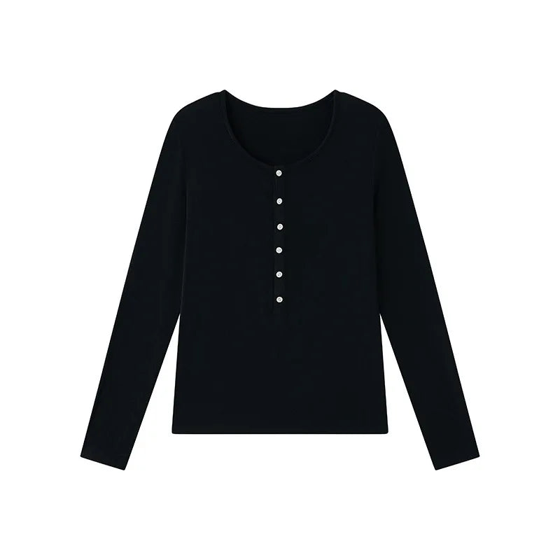 Silk Wool Basic Shirt For Women Autumn Winter Round Button Neck Slim Knitwear, Solid Color Striped Long Sleeve Top