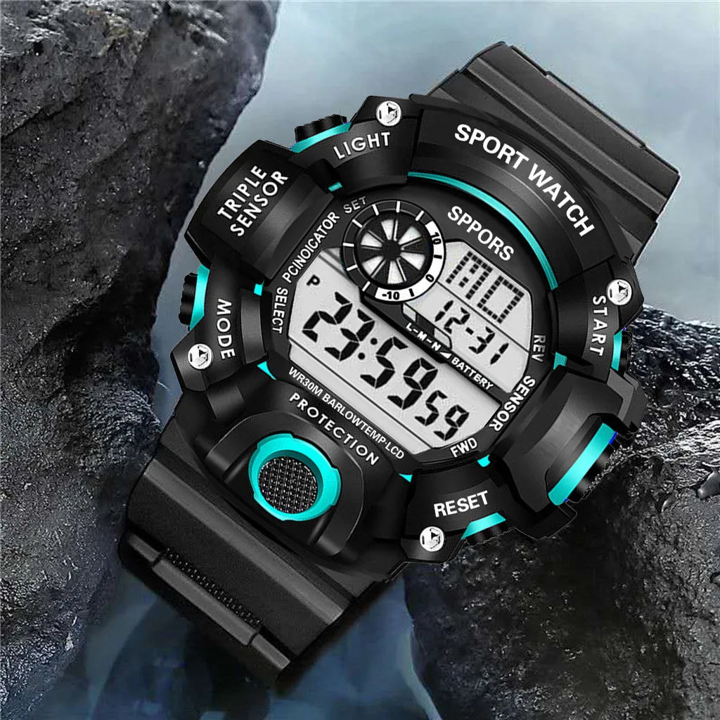 Mode Herrenuhr Sportliche elektronische Armbanduhr Großes Zifferblatt Multifunktional Wasserdicht Leuchtend Alarm Kinder Militäruhr für Herren