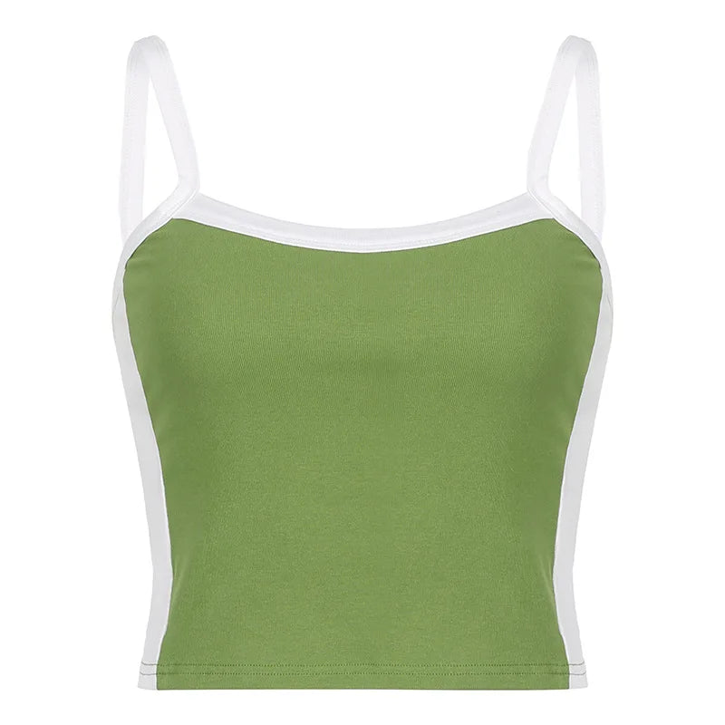 Débardeurs courts en maille sans manches Vert Sexy Basique Patchwork Été 2023 Casual Cami Dos nu Y2k Vintage Débardeur Femme