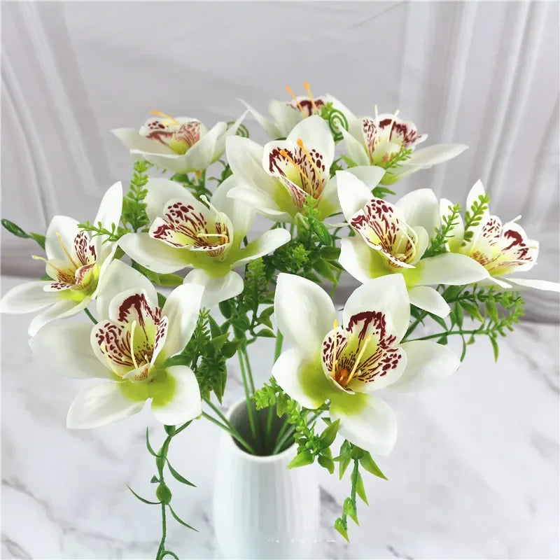 10Pcs White Silk Orchid Bouquet, Faux Flowers for DIY Wedding Decor, Table & Vase Decoration