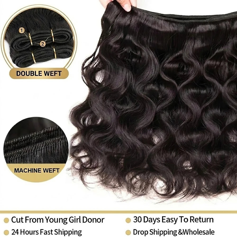 30 32 Inch Full Head Body Wave Bundles 100% Raw Human Hair Weaving Virgin Hair Extensions 1 3 4 Pcs Natural Black Color Double Weft Remy Hair Thick Full Ends Hair Bundles