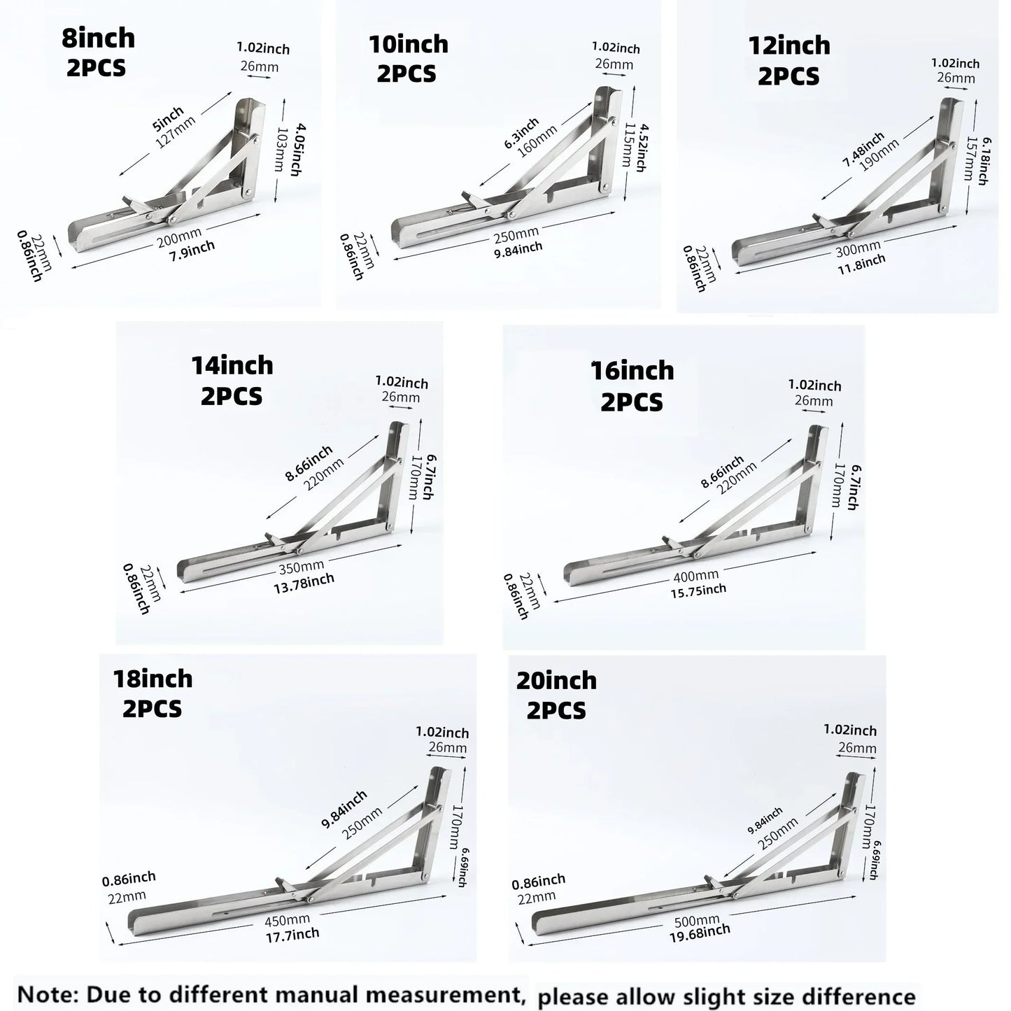Heavy Duty 2PCS Stainless Steel Triangle Folding Shelf Brackets – Wall Mounted Collapsible Angle Bracket for Table, Workbench
