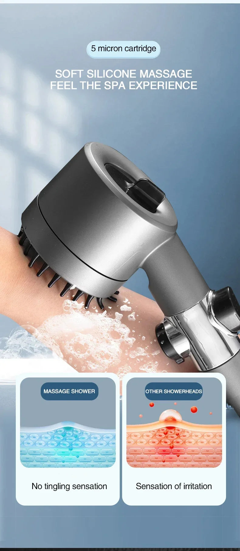 3-Mode Adjustable High Pressurized Filter Shower Head with Massage Brush Rain Faucet - Bathroom Shower Accessories