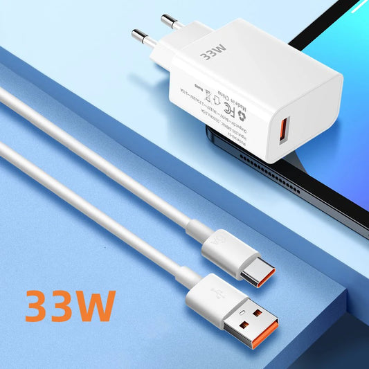 33W USB Fast Charger Quick Charge 3.0 USB Type C Cable 6A for Xiaomi Redmi Note 13/12 iPhone Samsung Mobile Phone Charge Adapter