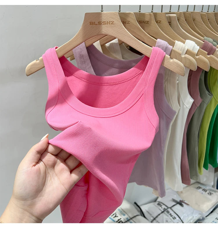 zjaiss Women Solid Round Neck Ribbed Tank Top Camisole Women 2026 Summer Basic Elastic Tank Top O Neck Solid Tank Top