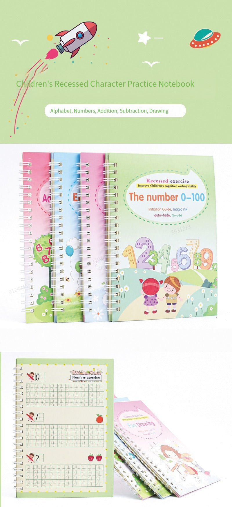 4 Bücher Englisch Übungsheft Zauberstift Nachfüllpackung Automatisch Verschwindende Tinte Kinder Schreibaufkleber Übung für Kinder Erleuchtungsgeschenk