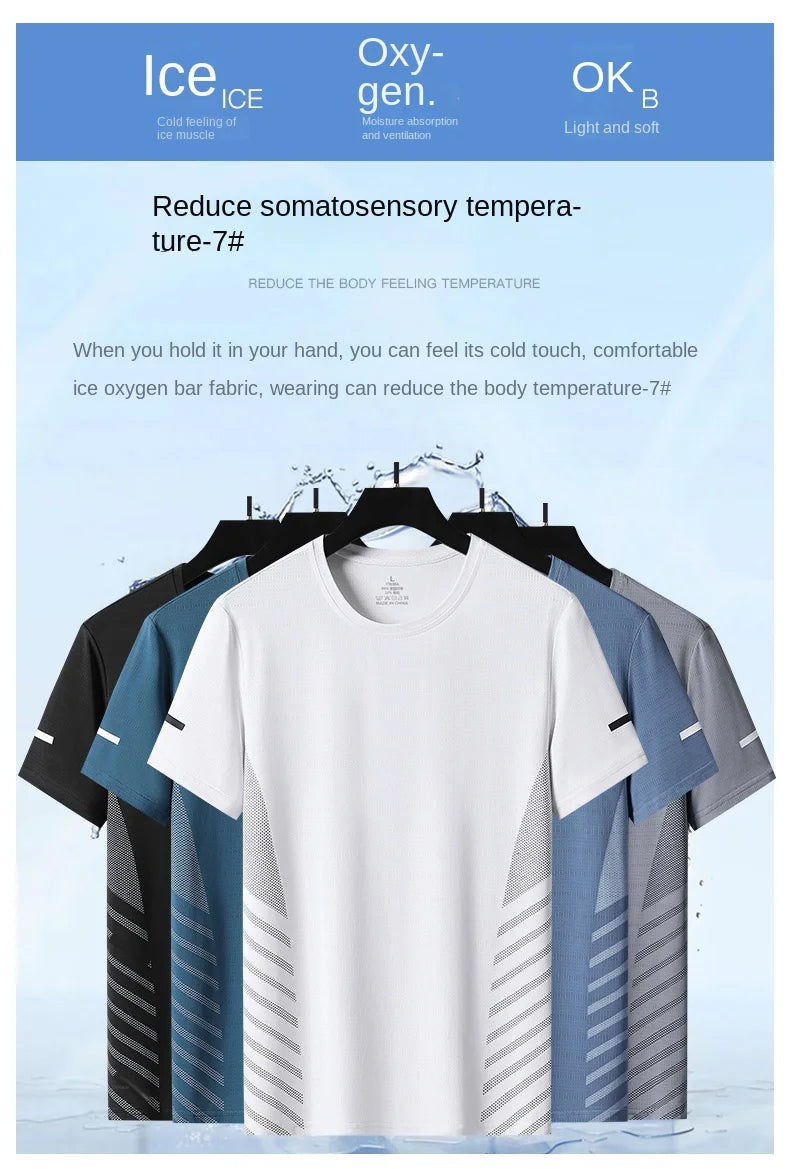 Laufendes T-Shirt Herren Sommer Eisseide Dünnes Oberteil Reflektierender Druck Schnell Trocknend Kurzarm Atmungsaktives Fitness Sport T-Shirt 5XL