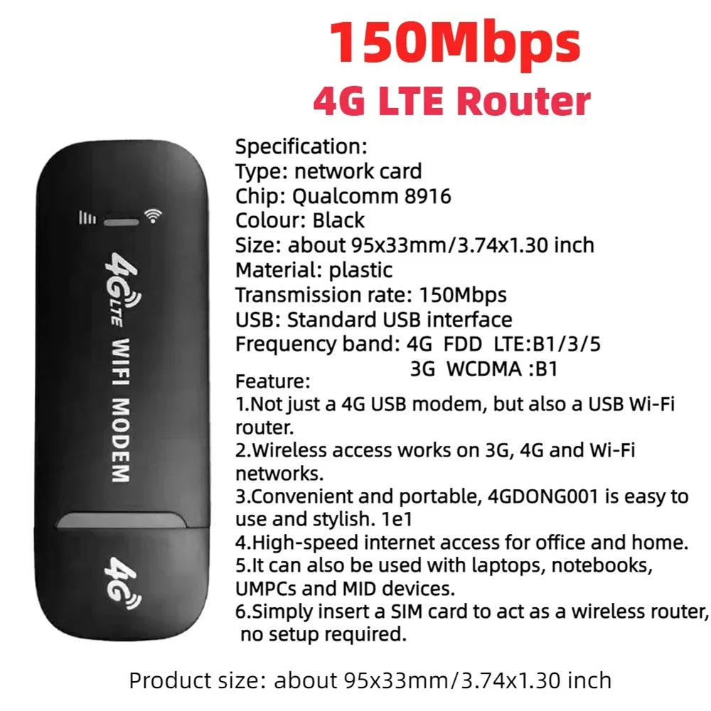 4G LTE Modem Stick Wireless 150Mbps USB Dongle Mobile Broadband 4G Sim Card Wireless Router Home Office Wireless WiFi Adapter