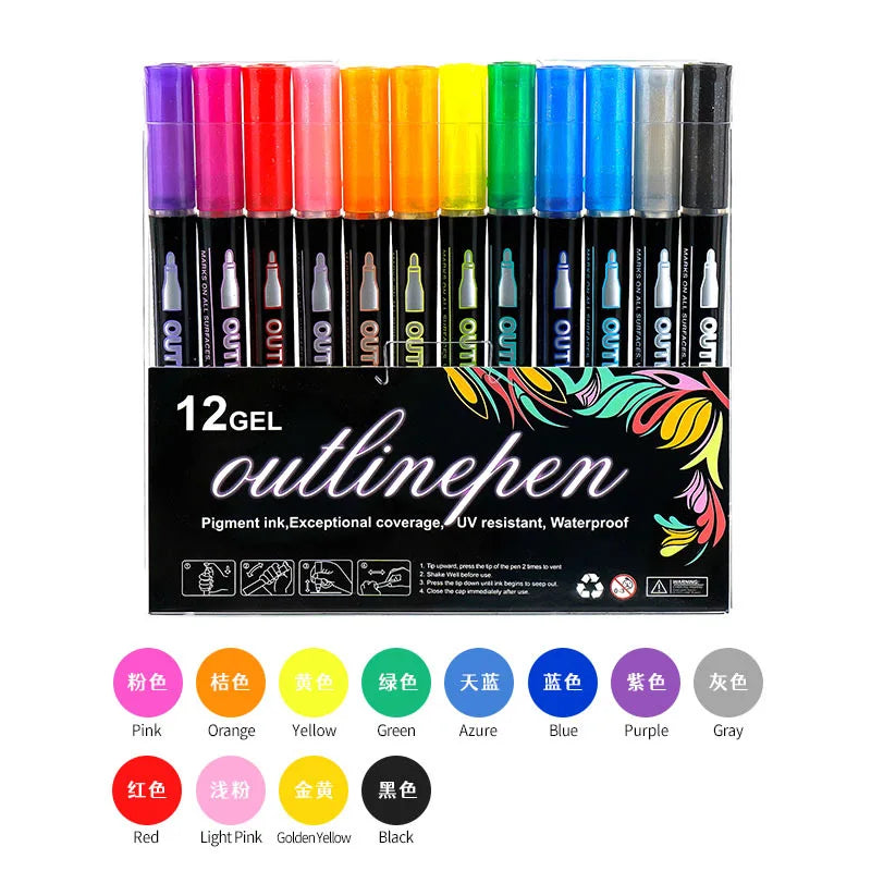 8/12/24 Colors Double Line Outline Pens, Self-Outline Metallic Markers Glitter Writing Drawing Pens For Christmas Card Writing