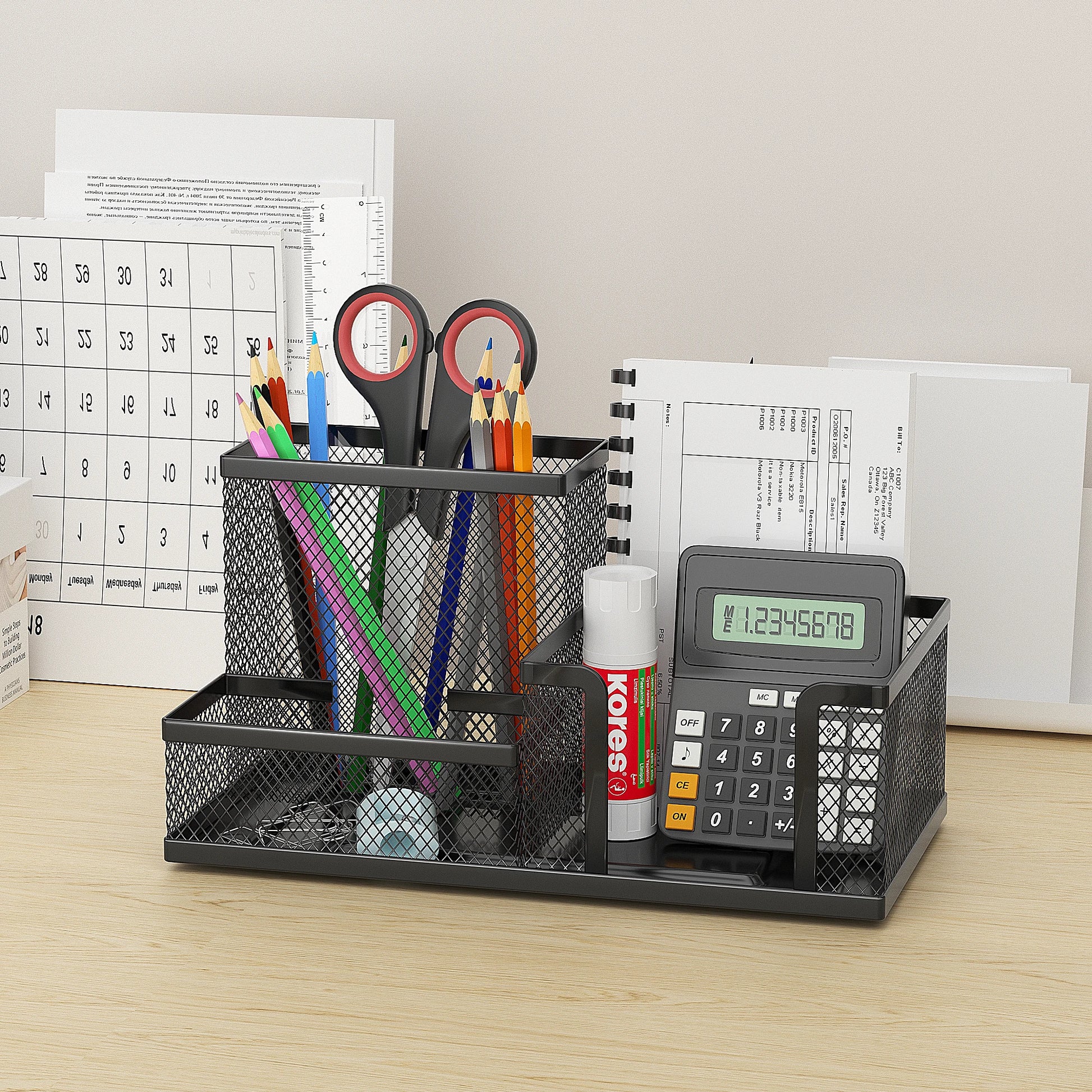 Mesh Desk Organizer Office Supplies Caddy with Pencil Holder and Storage Baskets for Desktop Accessories, 3 Compartments, Black - Shoppiline