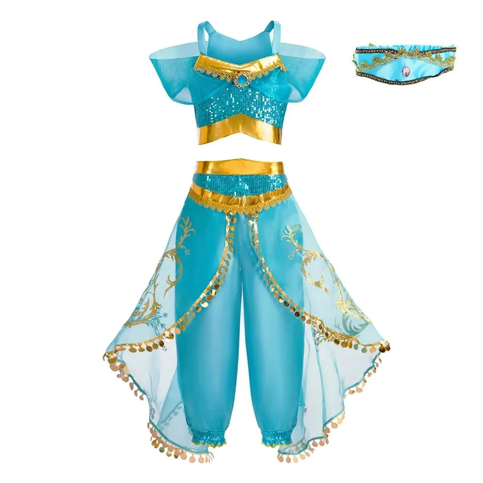Kinder Arabische Prinzessin Kleid Mädchen Halloween Jasmin Kostüm Kinder Karneval Cosplay Party Verkleidung Mädchen Pailletten Festzug Outfit