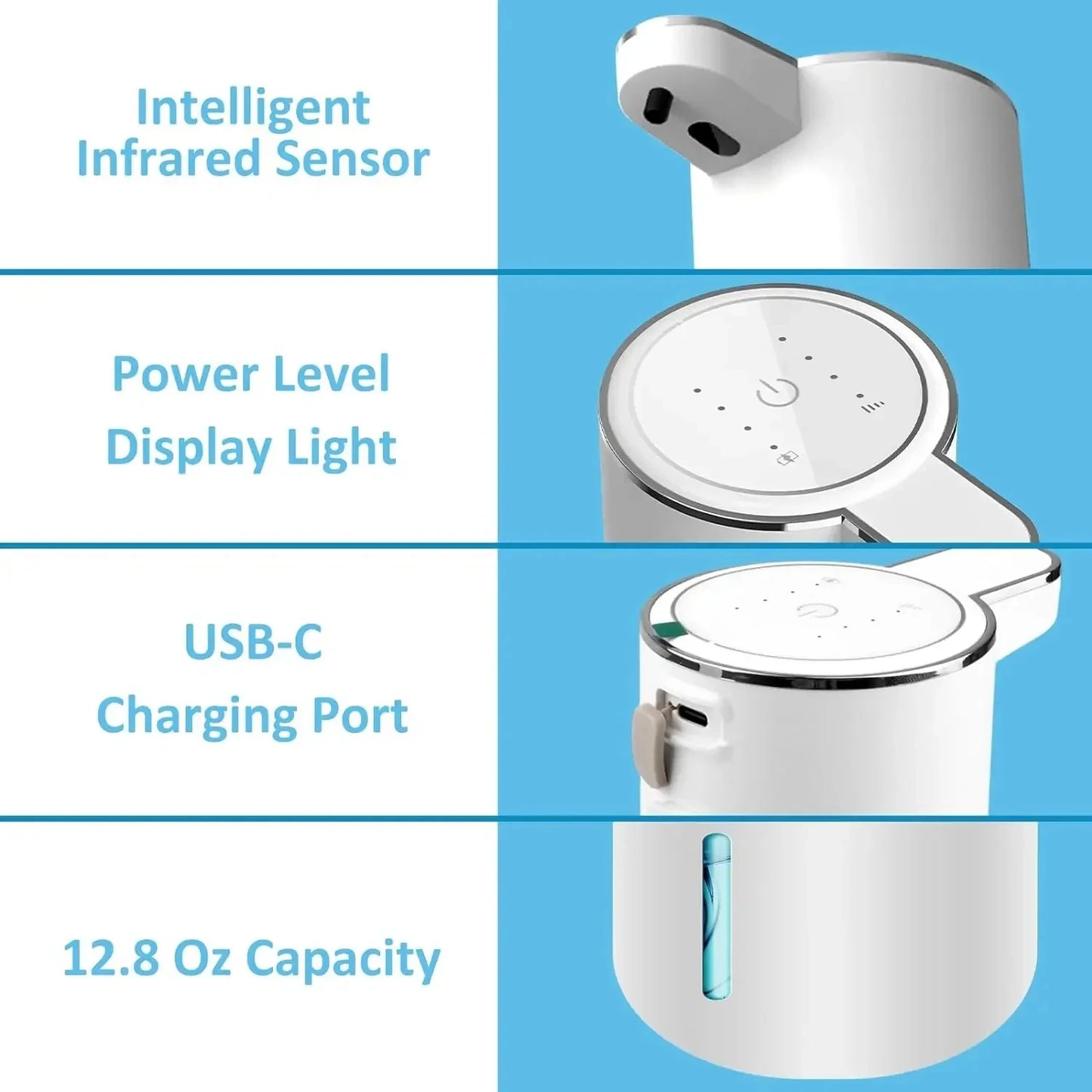 HOMEFISH Automatic Soap Dispenser Touchless Foaming Soap Dispenser 380ml USB Electric 4 Level Adjustable Foam Soap Dispenser