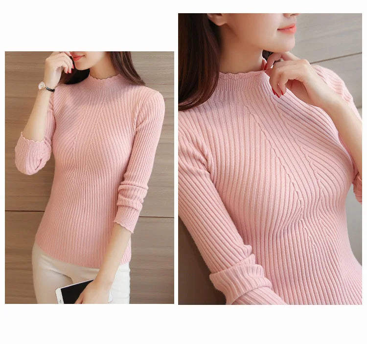2026 Autumn Women Mock Neck Ruffles Sweater Long Sleeve Knitted Bottoming Solid Pullovers Stripe Women Casual Sweater Winter