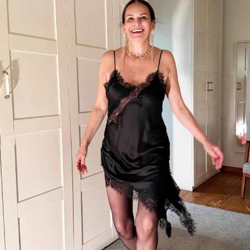 HXAO Asymmetrical Lace Dress Woman Sleeveless Slip Black Dress Summer Satin Party Dresses Backless Sexy Short Night Dresses