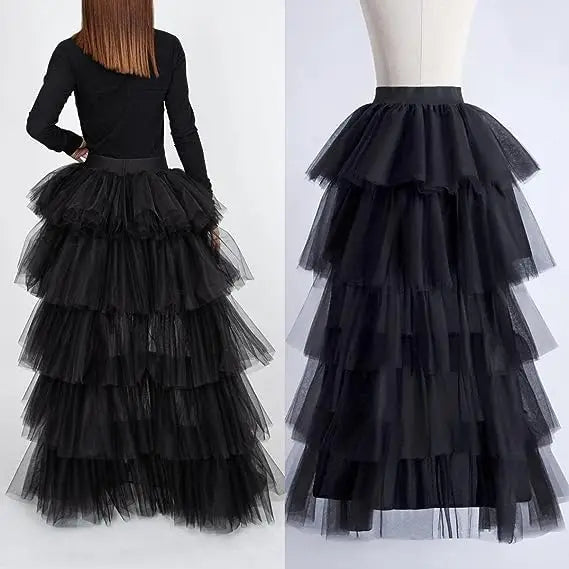 BABYONLINE Women Tiered Tulle High Low Skirts Elastic Waist Petticoat Puffy Long Tulle Skirt Female Maxi Skirt Free Size