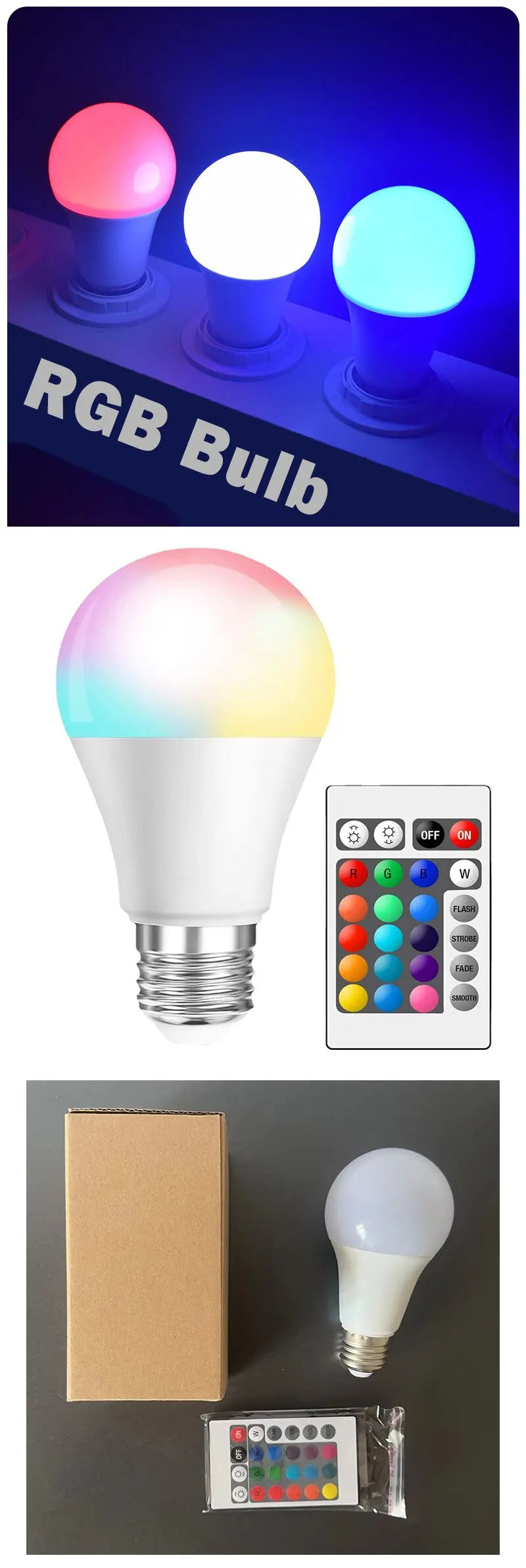 NEW E27 16 Colors RGB Bulb LED Multicolor Bulb Household Lighting Dimmable 24 Key Remote Control Smart Lamp Atmosphere Light