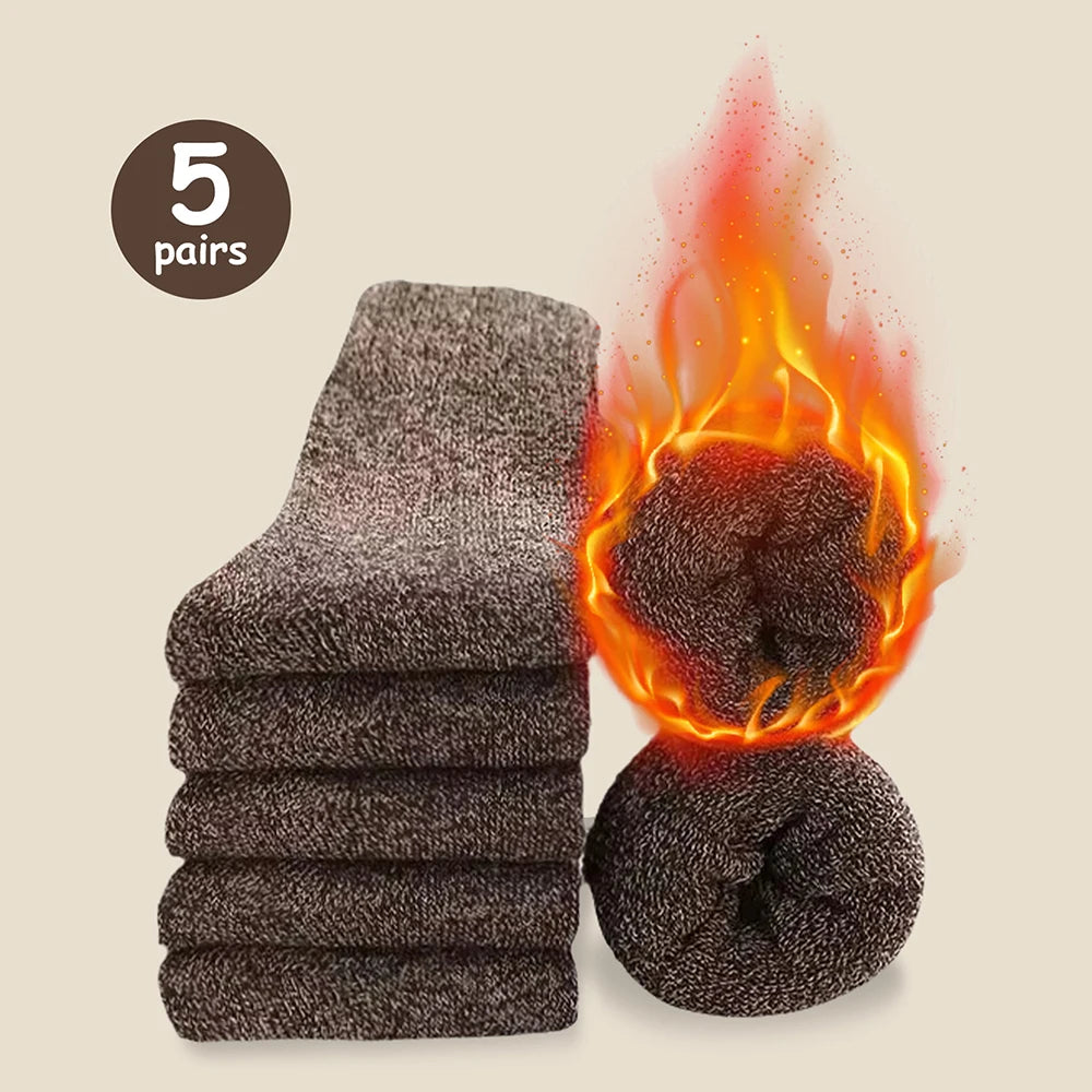 3/5 Pairs Men's Warm Socks, Thick Towel Mid-Calf Socks, Anti-Cold Snow Boots Socks Elastic Solid Color