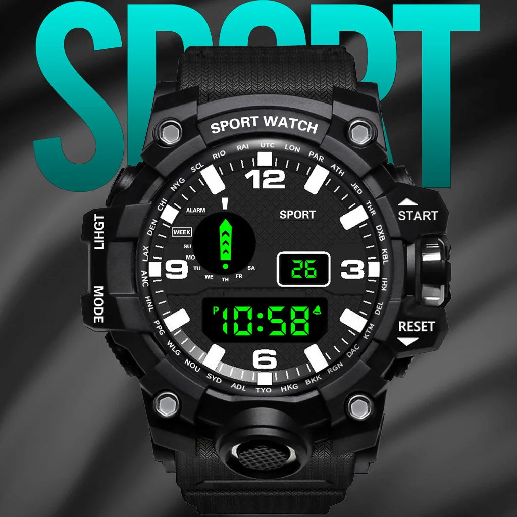 Mode Herrenuhr Sportliche elektronische Armbanduhr Großes Zifferblatt Multifunktional Wasserdicht Leuchtend Alarm Kinder Militäruhr für Herren