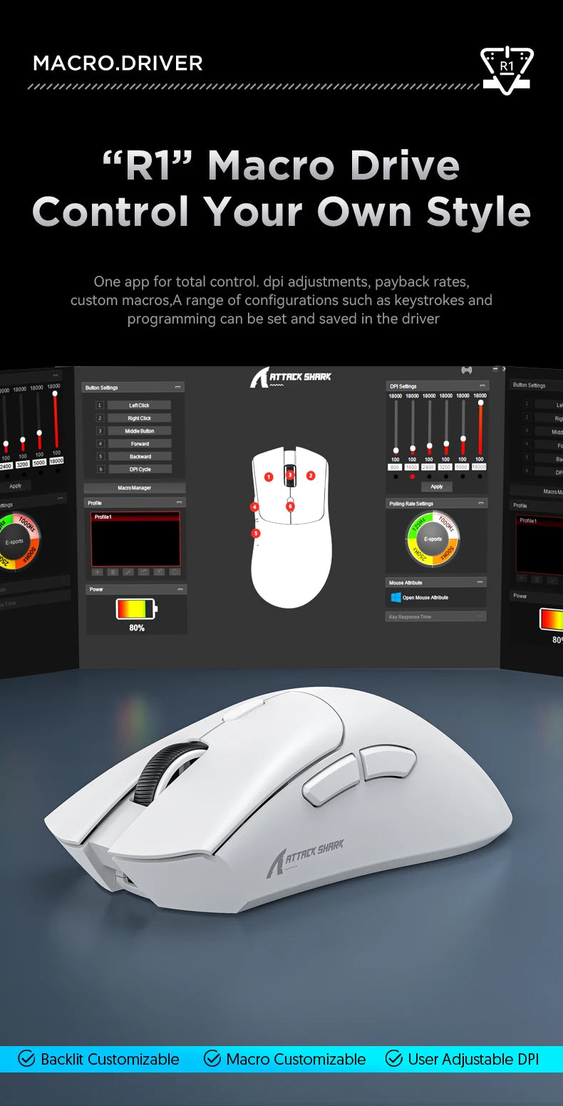 R1 Attack Shark Lightweight Wireless Mouse, 18000dpi,1000Hz PAW3311,Bluetooth Tri-mode Connection, Macro Gaming Mouse @3C1