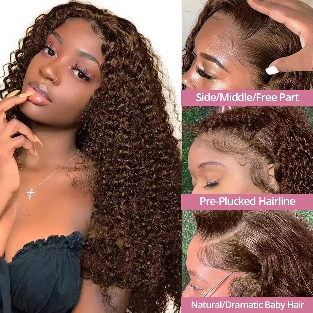 Schokobraune Deep Wave 13x6 Lace Front Perücke Echthaar Wasserwelle 250% Dichte Lockige Perücke Echthaar Braune Perücken Vorgezupft