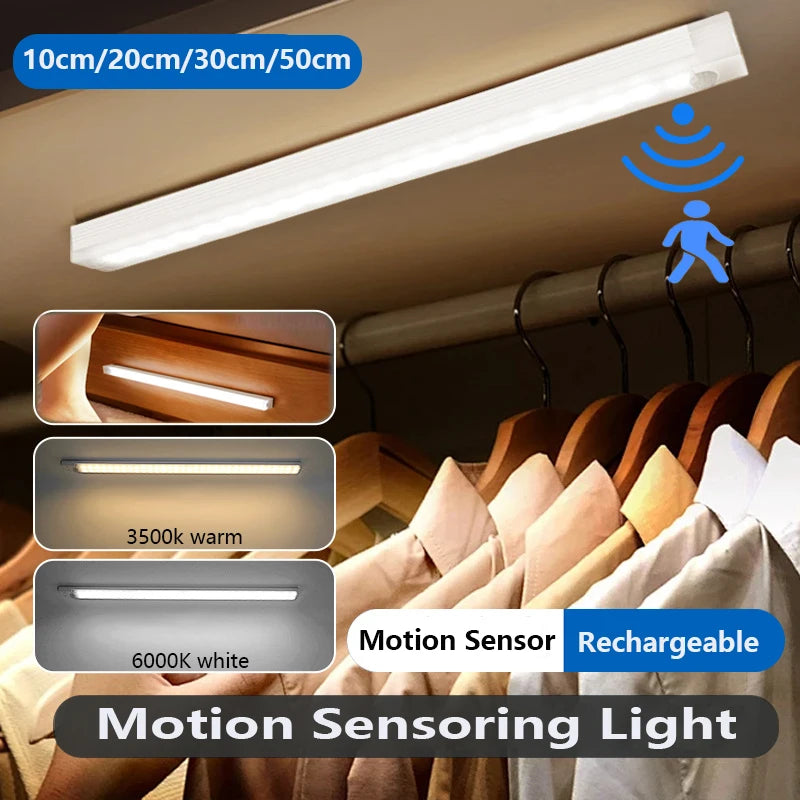 LED Motion Sensor Light Wireless Night Light Rechargeable Long Strip Bar Lamp for Kitchen Cabinet Wardrobe Bedside Staircase