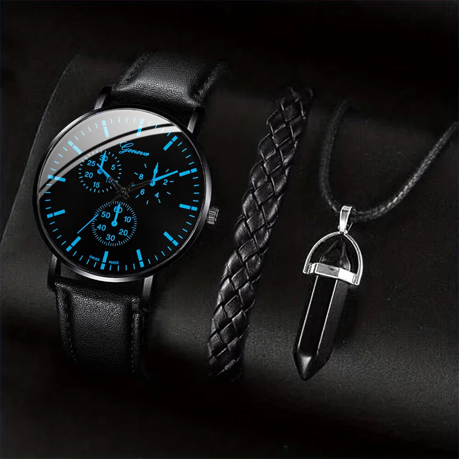 3-teiliges Set Herren Business Uhren Lässiges Lederarmband Analog Quarz Armbanduhr Herren Halskette Armband Set