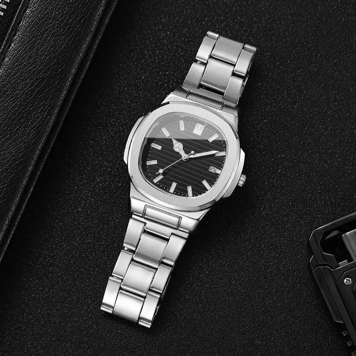 Luxus Herren Business Uhren Mode Quadratisches Zifferblatt Edelstahlarmband Quarzuhr mit Kalender für Herrenuhr (Ohne Box)